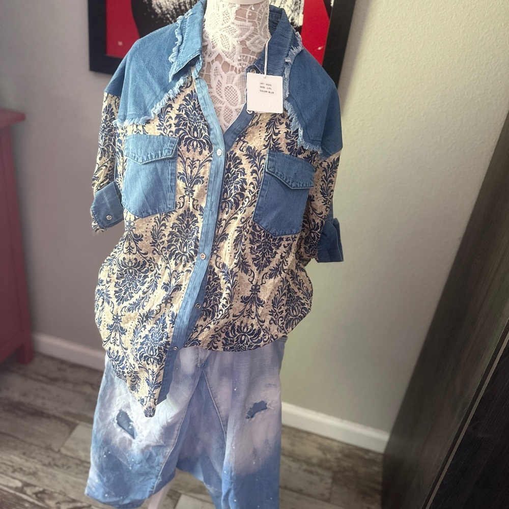 linen shirt with jeans inserts, 3/4 sleeve length